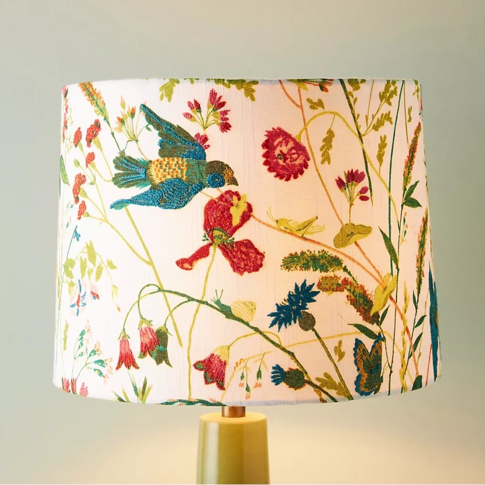 NWT Anthropologie Floral Embroidered Ivory Blue Medium Birds Cotton Lamp Shade